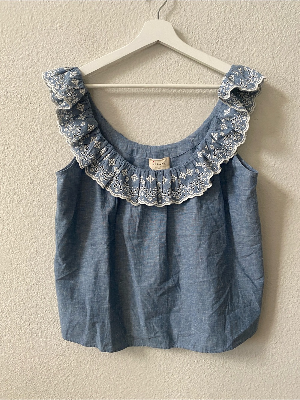 Sezane Blue Eyelet Ruffle Linen-Blend Sleeveless Top size 8